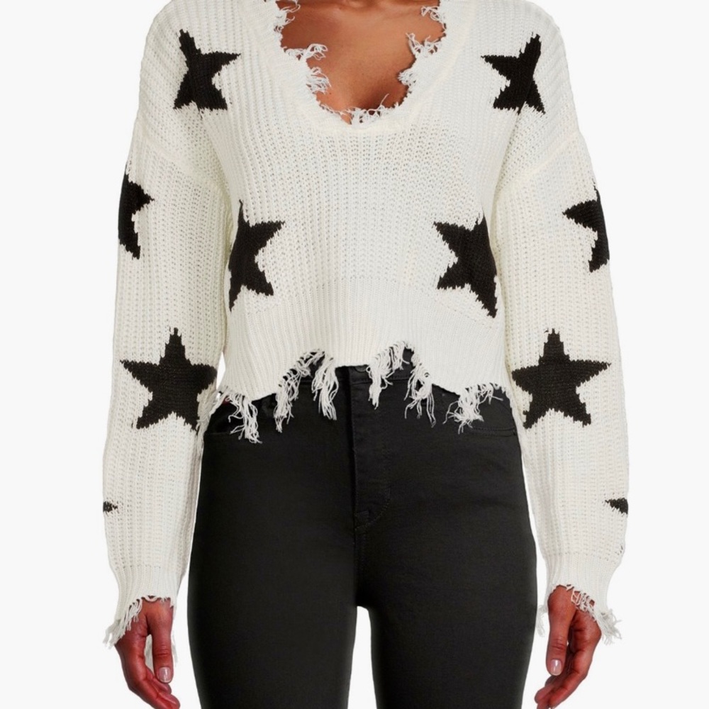 Just Polly Distressed White with black start sweater